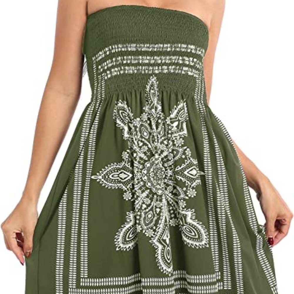 Womens Swim Cover Up Dress Sundress Bohemian Beach Dress Strapleess Floral L/XL